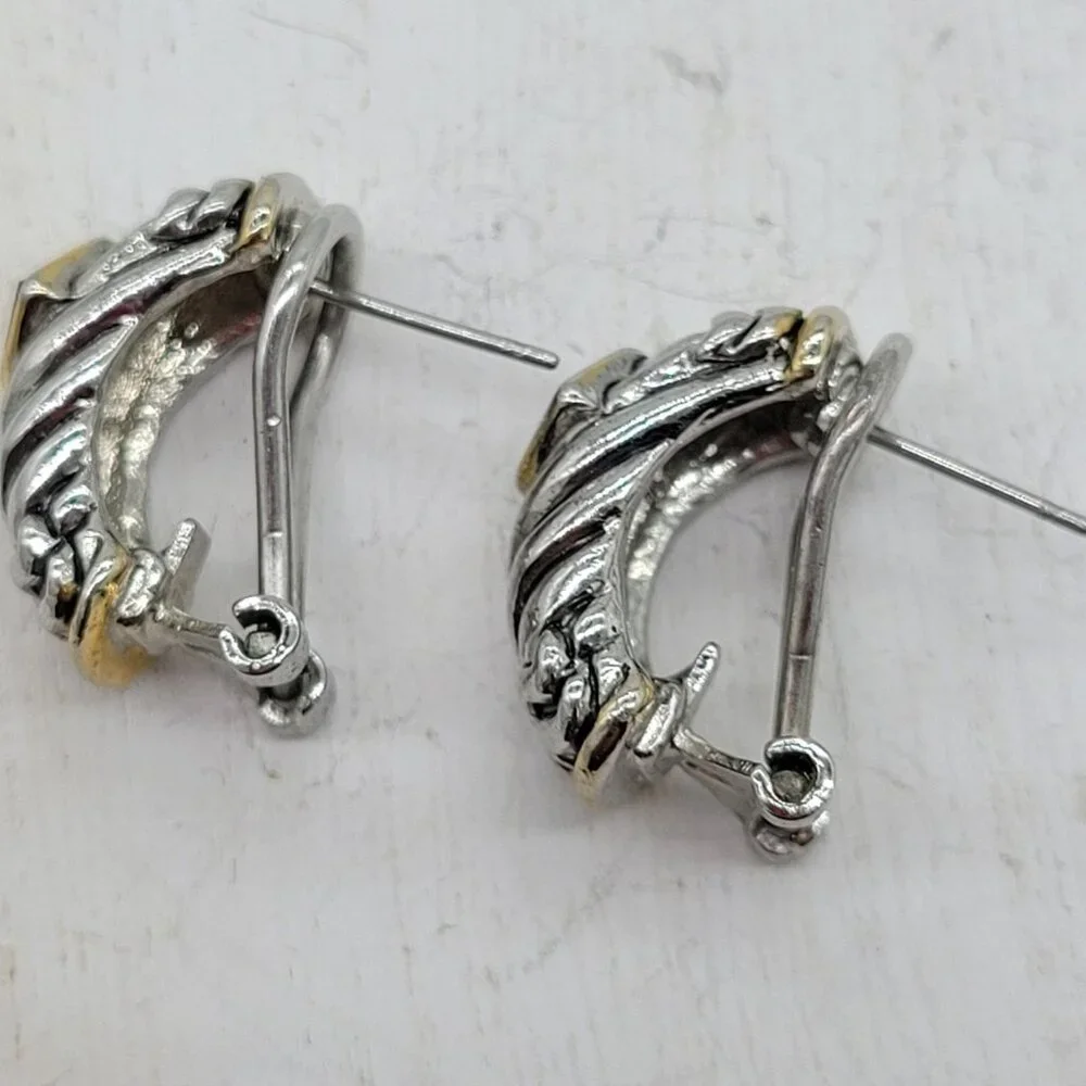 Two Toned Mixed Metal Amethyst Glass Earrings Silver & Gold Tone Well Made 3/4